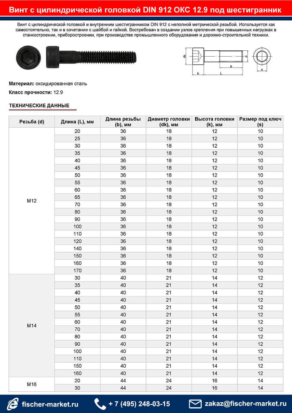 DIN 912 высокопрочный винт оксидированный 12,9 M16x90 купить оптом |  fischer-market
