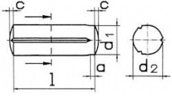 DIN 1470 Штифт цилиндрический насечённый, насечки параллельные по всей длине штифта с направляющей частью, диаметр от 1 до 25, длина от 4 до 160 мм.